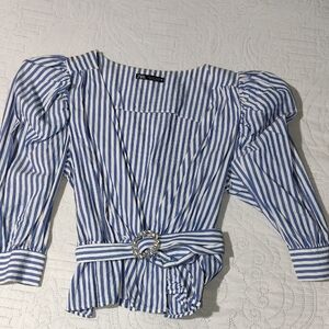 Zara Blue and White Striped Puff-Sleeve Wrap Blouse